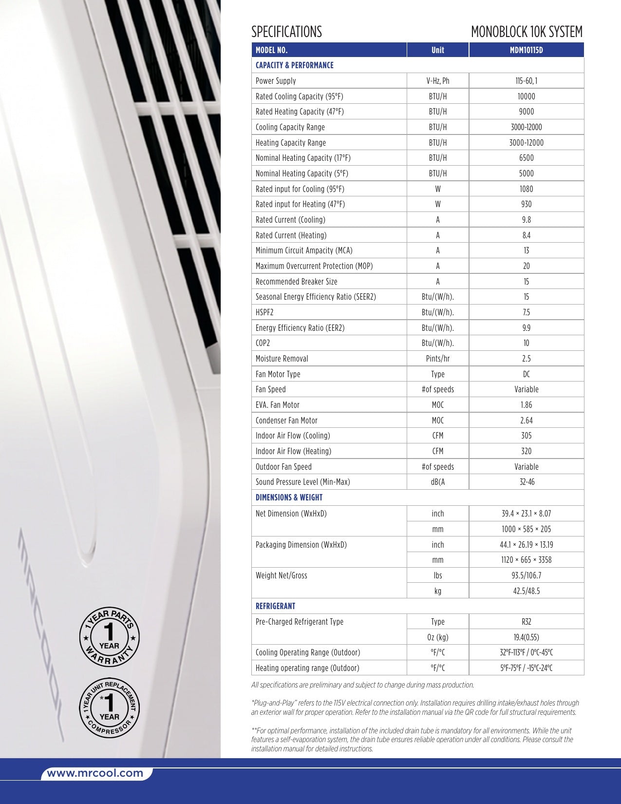 MRCOOL Monoblock 10,000 BTU Heat Pump System - 115V (MDM10115D)